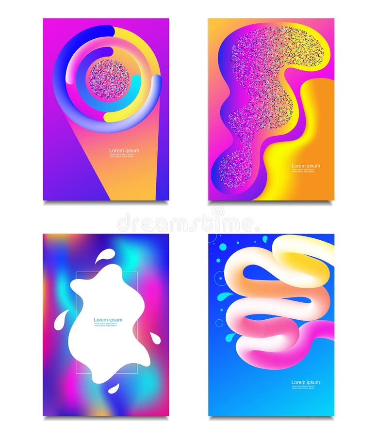 Geometric covers set. Round gradient shapes composition. Cool modern neon color. Abstract fluid shapes with glitter. Liquid and flu vector illustration