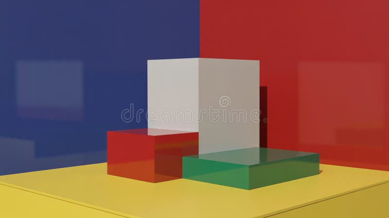 Geometric cubes in primary colors create abstract modern display podium composition stock illustration