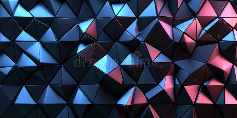 A geometric 3D background with a repeating pattern of metallic triangles, each reflecting different hues of ambient light. The precise symmetry and high-tech aesthetics make it a modern and stylish design. AI generated