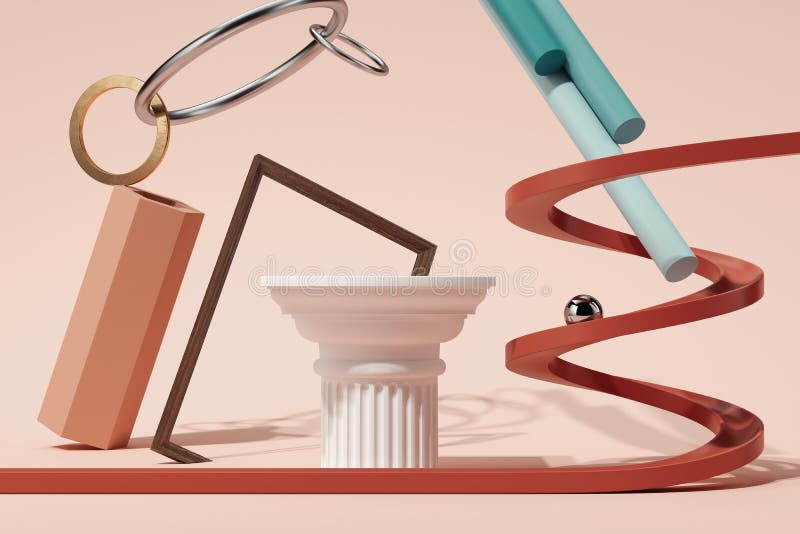 Geometric figures and objects on pink background. 3d rendering. royalty free illustration Geometric figures and objects on pink background. 3d rendering. royalty free illustration