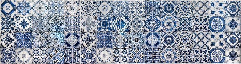 Geometric and floral azulejo tile mosaic pattern. Portuguese or Spanish retro old wall tiles. Seamless navy blue background. Decorative ornamental ceramic design elements, panoramic photo