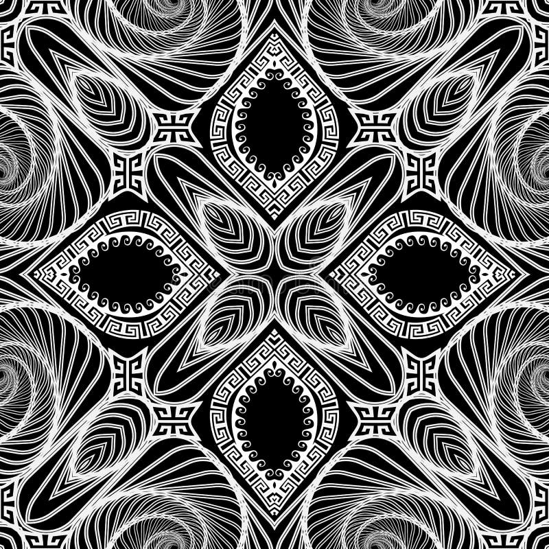Geometric fractals black and white vector seamless pattern. Abstract fractal lines greek background. Repeat geometrical vector illustration