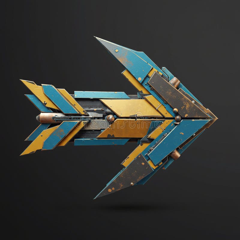 Geometric, futuristic arrow design featuring interlocking metallic blue and gold panels royalty free illustration