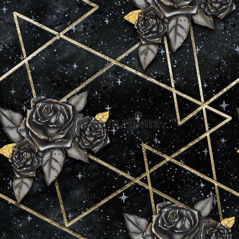 GEOMETRIC GALAXY BACKGROUND WITH BLACK ROSES SEAMLESS PATTERN