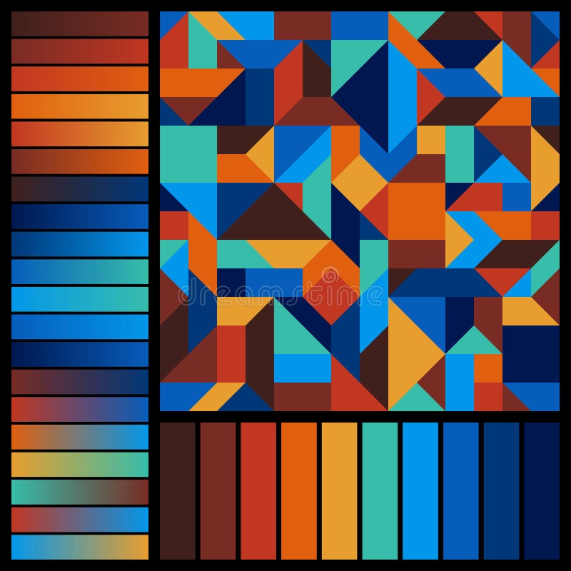 Geometric Graphic Seamless Pattern with Blue, Brown, Orange, Yellow Color Swatches and Gradients on Black Background