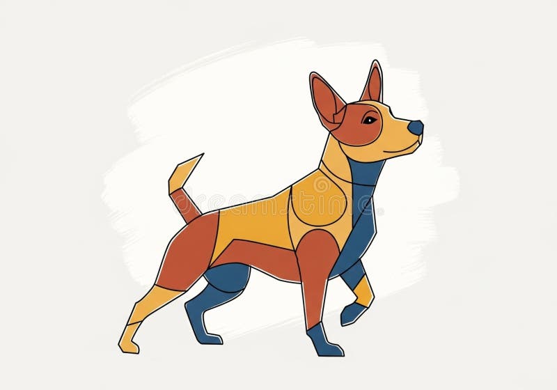 Geometric illustration of a dog composed of angular shapes in shades of rust, yellow, and blue. The design features bold outlines, with the dog in a confident stance, tail up and ears alert. The arrangement of colors emphasizes different sections of the body, creating an abstract, mosaic-like appearance. The background is a light, neutral tone, enhancing the vivid colors of the dog. Rust shades illustrations