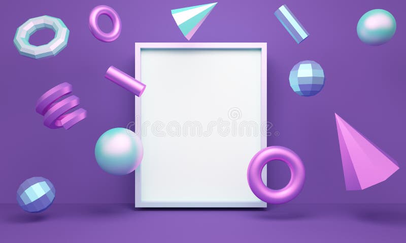 Geometric lilac abstract background with levitating figures and frame. 3d rendering stock illustration