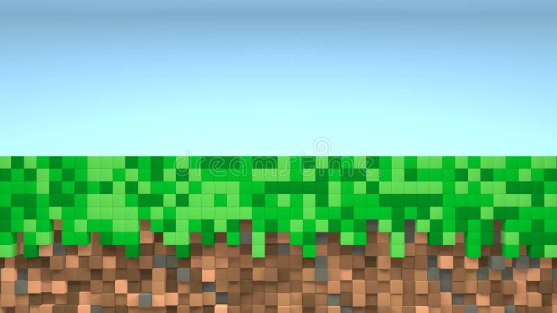 Geometric mosaic waves pattern. Construction of hills landscape using brown and green grass blocks, blue sky. 3d render