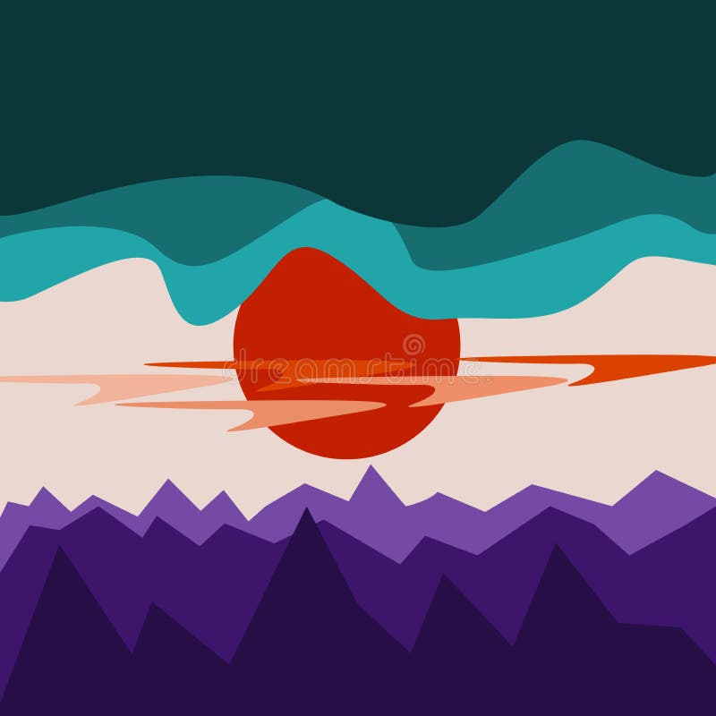 Geometric Mountain Landscape And Red Sun Stock Illustration Illustration of peak, clouds