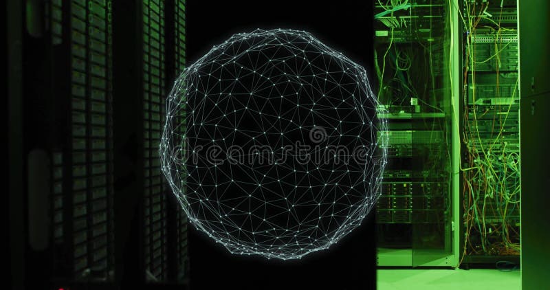 Geometric network sphere animation over server room with green lighting stock video footage