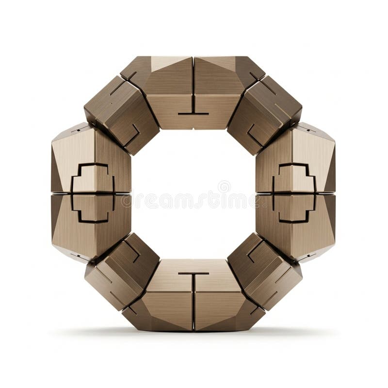 Geometric Octagonal Sculpture Made of Metallic Bronze- Colored Segments on a White Background royalty free illustration