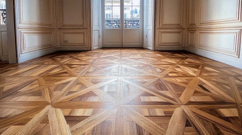 Geometric Parquet Floor Intricate Wood Design, Room Interior, Sunlit Room, Luxury Flooring parquet flooring, wood inlay vector illustration