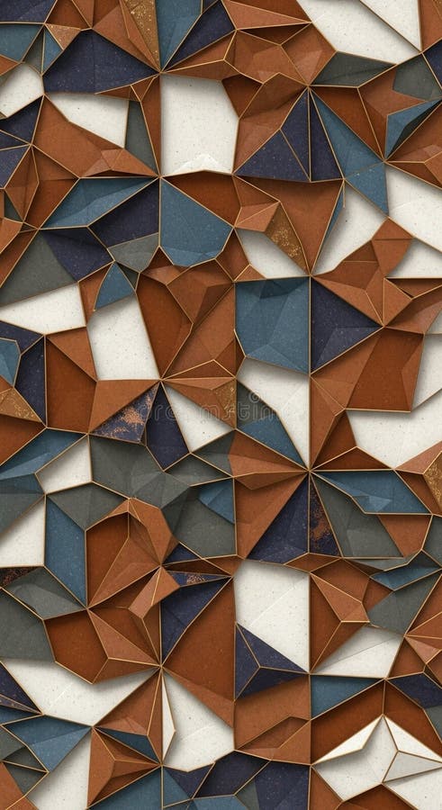 Geometric pattern featuring polygonal shapes in shades of rust brown and deep blue, with a textured, three-dimensional appearance. The composition is arranged in a tessellated manner, creating an abstract, kaleidoscopic effect. The use of sharp angles and contrasting colors adds visual interest, while the overall design suggests a contemporary, artistic motif suitable for various decorative applications. Rust shades illustrations