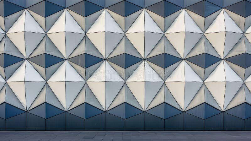 A geometric pattern of white and blue triangles on a building. stock images