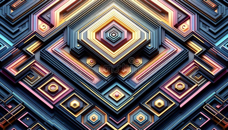 Geometric patterns in 3D layers with glowing neon and metallic gradients stock illustration