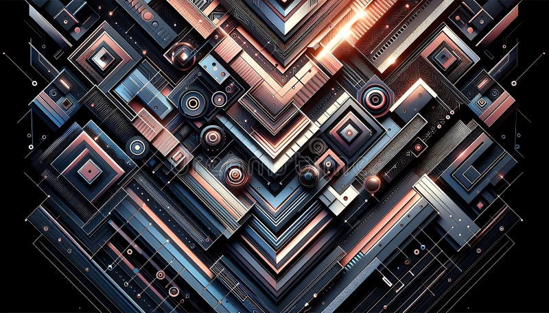 Geometric patterns in 3D layers with glowing neon and metallic gradients royalty free illustration
