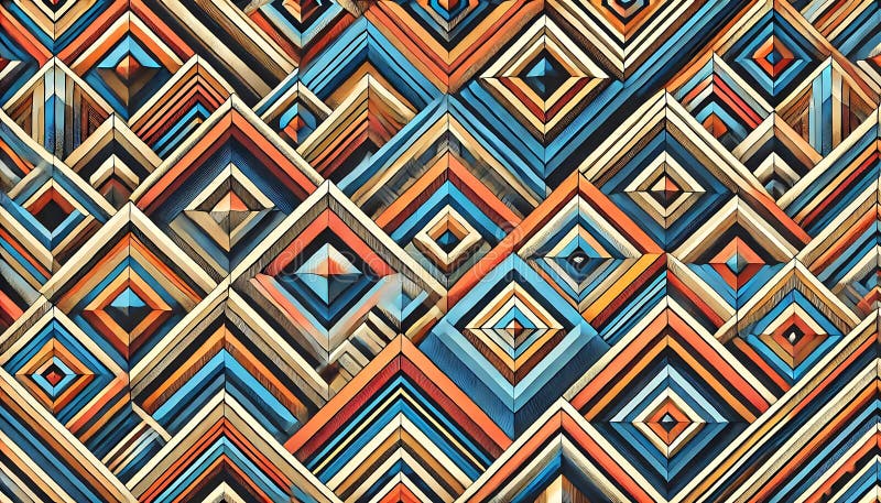 Geometric patterns resembling optical illusions with alternating vivid and muted colors designed using generative AI for unique stock illustration