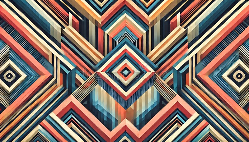 Geometric patterns resembling optical illusions with alternating vivid and muted colors designed using generative AI for unique royalty free illustration