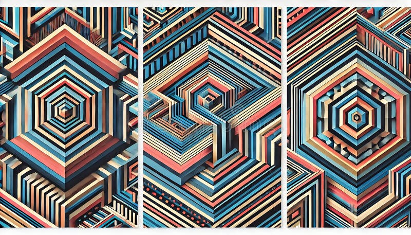 Geometric patterns resembling optical illusions with alternating vivid and muted colors designed using generative AI for unique vector illustration