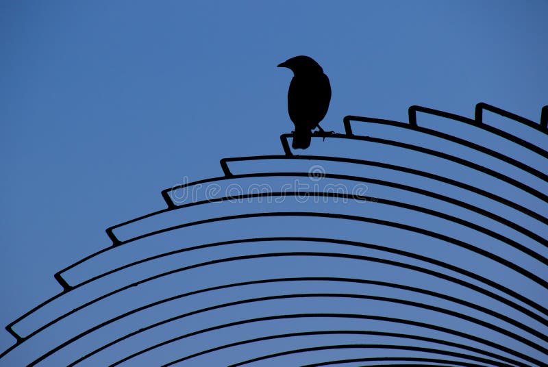 Modelli geometrici la silhouette di un cancello di metallo con un uccello appollaiato sulla cima di esso un'immagine con copia spazio in formato orizzontale.