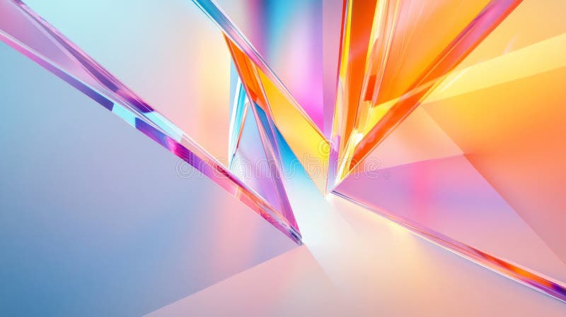Geometric prisms scatter rainbow light into dynamic patterns, casting vibrant hues of orange, blue stock images