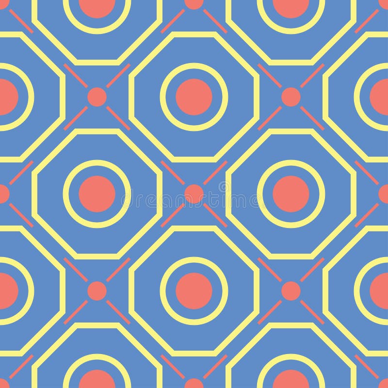 Geometric seamless pattern. Blue background with red and yellow design stock illustration