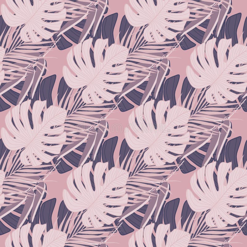 Geometric Seamless Pattern With Tropical Leaves On Pink Background
