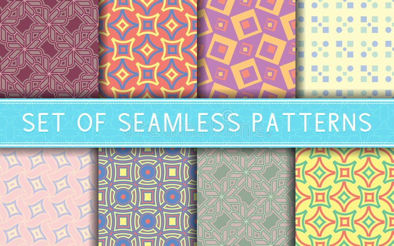 Geometric seamless patterns. Collection of colored backgrounds royalty free illustration