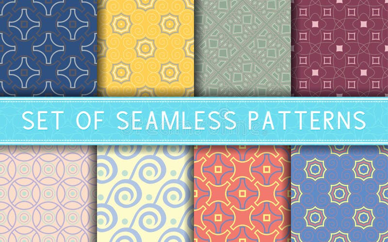 Geometric seamless patterns. Collection of colored backgrounds vector illustration