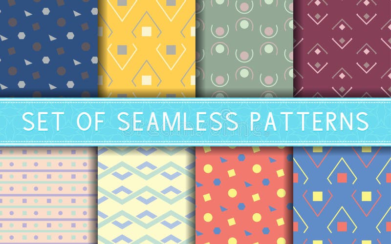 Geometric seamless patterns. Collection of colored backgrounds