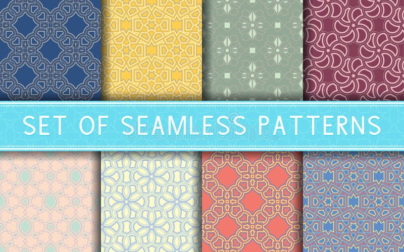 Geometric seamless patterns. Collection of colored backgrounds stock illustration