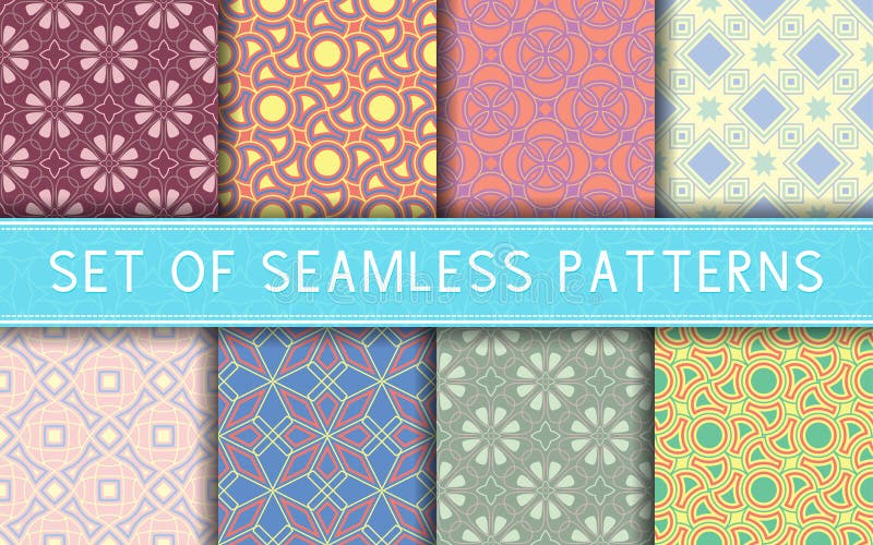 Geometric seamless patterns. Collection of colored backgrounds stock illustration