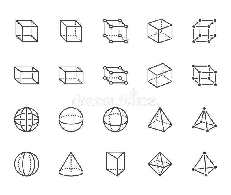 Geometric shapes flat line icons set. Abstract figures cube, sphere, cone, prism vector illustrations. Thin signs for stock illustration Geometric shapes flat line icons set. Abstract figures cube, sphere, cone, prism vector illustrations. Thin signs for stock illustration