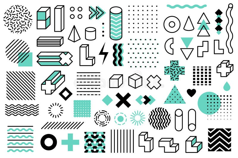 Geometric shapes. Graphic universal memphis style symbols. Lines circle, grid and points, triangle and cubes design royalty free illustration