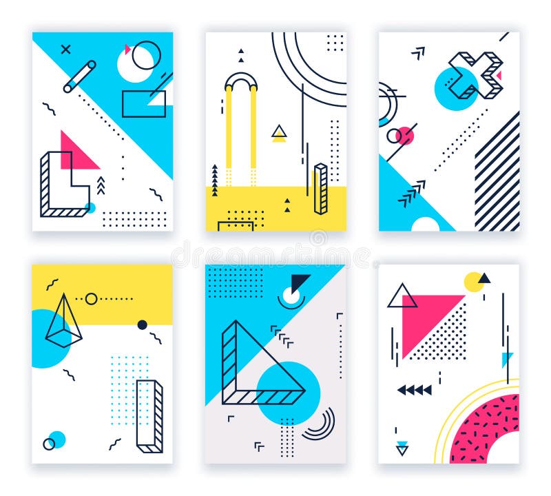 Geometric shapes posters. Abstract geometrical shapes cards, funky 80s and memphis style design background illustration vector illustration