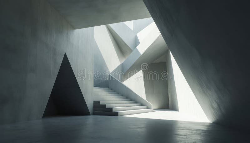 Geometric staircase concrete space white rises through a minimal room harsh light defines sharp planes and deep shadows abstract imagens de stock royalty free