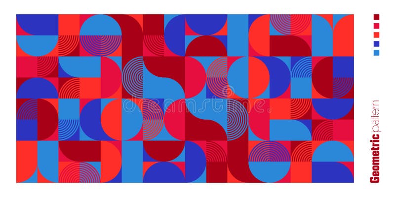 Geometric trendy pattern. Modern colorful background with simple elements. Retro texture with basic geometric shapes. Print design, minimalist poster cover. Vector illustration.