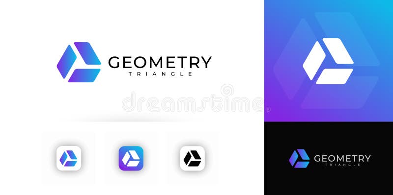 Geometric triangle logo with three abstract gradient parts forming modern tech union symbol. Futuristic digital identity royalty free illustration