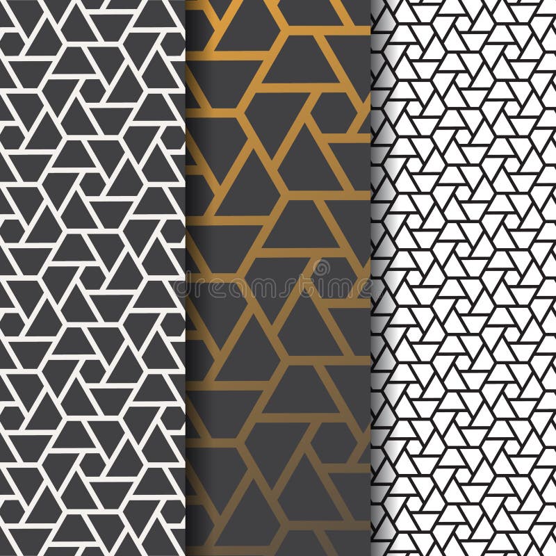 Geometric vector pattern, repeating linear triangle in black and white with sample golden gradient color background. vector illustration