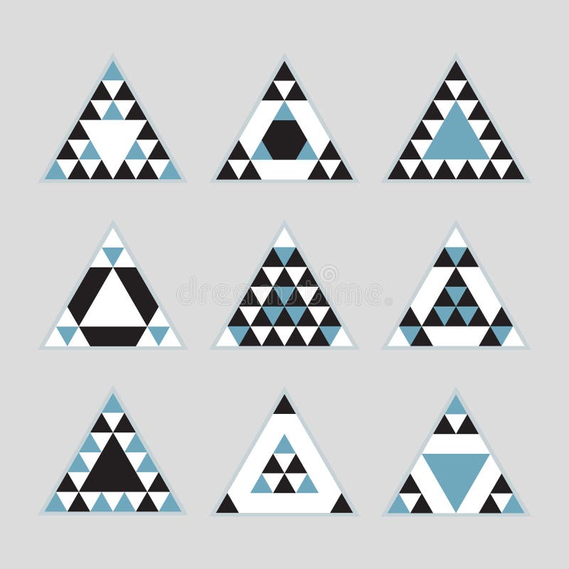 Geometrical tile equilateral triangles icons set - Modern flat design in blue, black, and white on gray background. Geometrical tile equilateral triangles icons set - Modern flat design in blue, black, and white on gray background