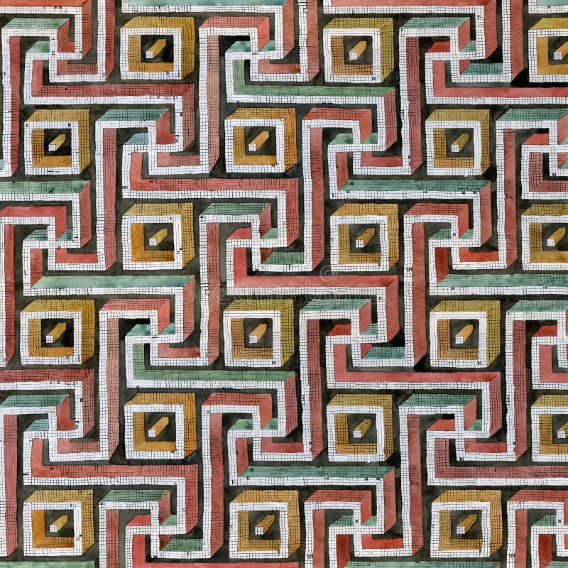 Geometrico astratto. Labirinto colorato 3D sotto forma di un acquerello greco di meandro del modello