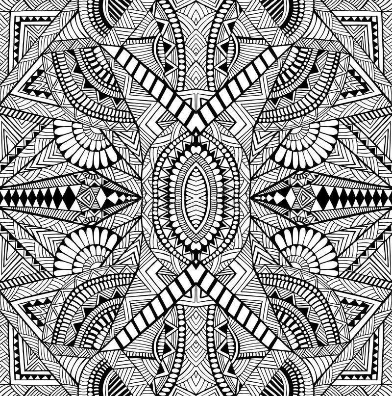 Geometrisch abstract psychedelisch zwart-wit decoratief ingewikkeld patroon met veel detail en lijnen die pagina kleuren.