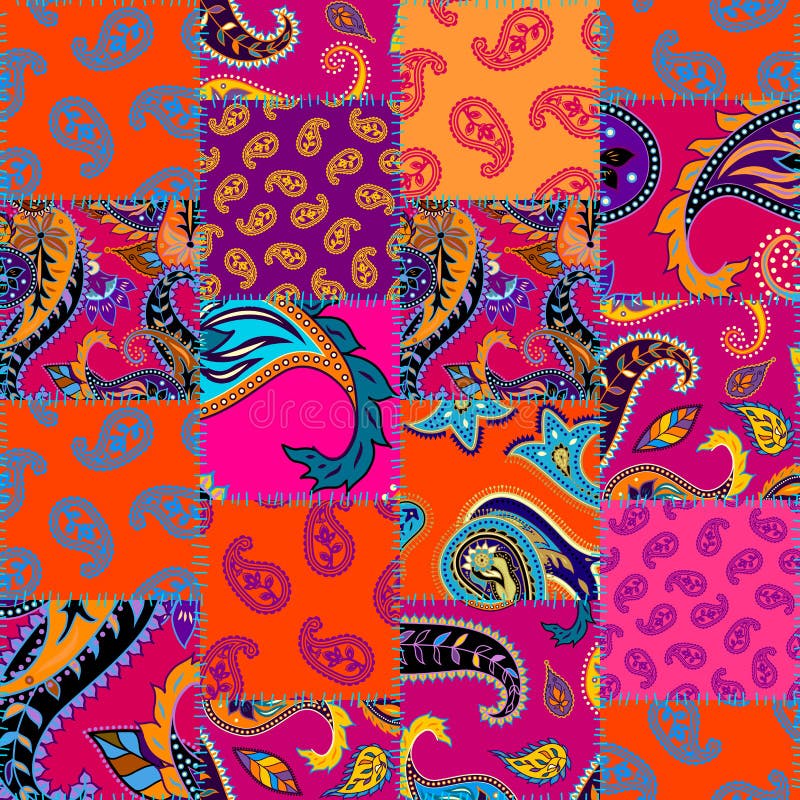 Seamless background pattern. Patchwork pattern with Paisley ornament patterns. Bright magenta and orange colors. Ethnic indian style. Seamless background pattern. Patchwork pattern with Paisley ornament patterns. Bright magenta and orange colors. Ethnic indian style.