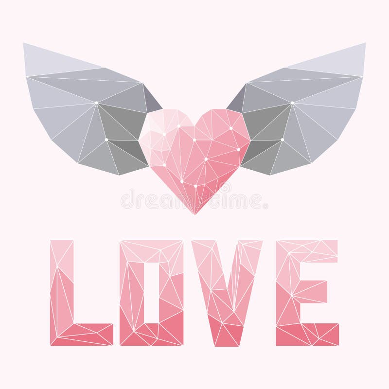 Geometrisches Weiche färbte das abstrakte polygonale Herz mit Flügeln und Liebeswort, die, auf rosa Abdeckung für Valentinstag od stock abbildung Geometrisches Weiche färbte das abstrakte polygonale Herz mit Flügeln und Liebeswort, die, auf rosa Abdeckung für Valentinstag od stock abbildung