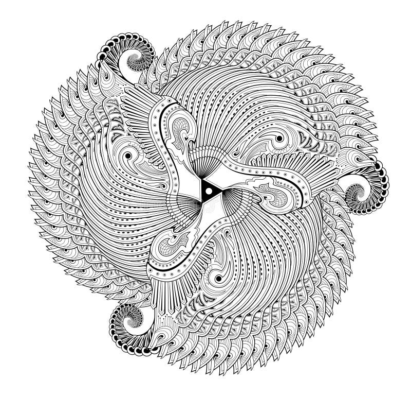 Geometrisk mandala. Ornament för elastisk disk med tre spiralsymboler. fantasi fractal ornament gjort i kaleidoskopisk stil. skriv vektor illustrationer