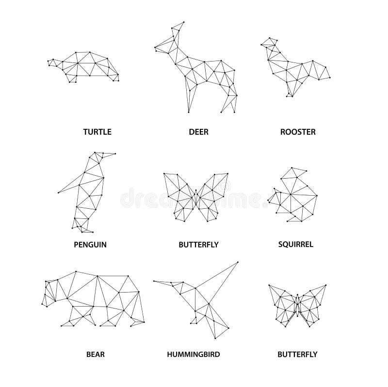 Geometriska djurkonturer Uppsättning av polygoner stock illustrationer Geometriska djurkonturer Uppsättning av polygoner stock illustrationer