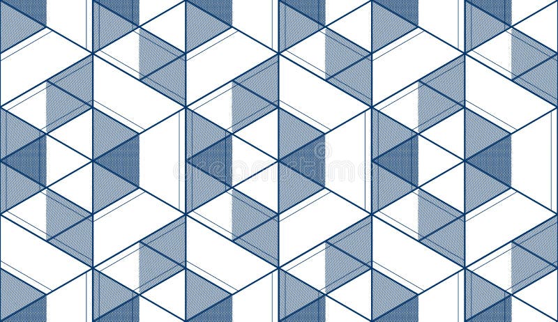 Geometric cubes abstract seamless pattern, 3d vector background. Technology style engineering line drawing endless illustration. Single color, black and white. Usable for fabric, wallpaper, wrapping, web and print