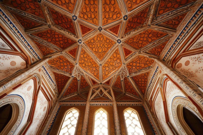 Geometriska mönster på katedraltak i moorish stock illustrationer