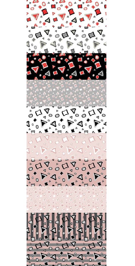 Geometriskt vektormönster bestående av trianglar, kvadrater, ovaler av olika storlek, rödvita, gråsvarta färger, på vitt royaltyfri illustrationer Geometriskt vektormönster bestående av trianglar, kvadrater, ovaler av olika storlek, rödvita, gråsvarta färger, på vitt royaltyfri illustrationer