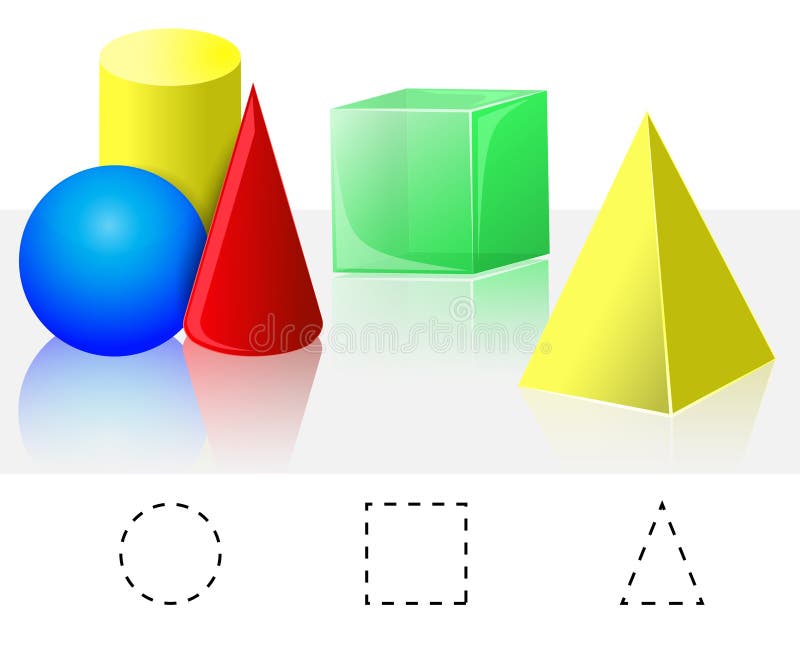 Realistic 3D color basic shapes. Solid colored geometric forms